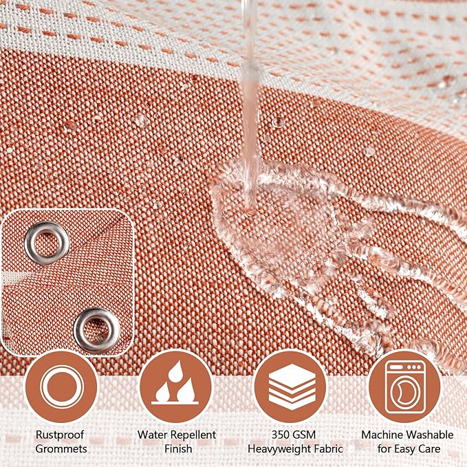 Boho Farmhouse Thick Shower Curtain with Tassels, Rustic Rusty Red Cotton Linen Soft Fabric Shower Curtain Water Repellent, Shabby Chic Heavyweight Striped Shower Curtains for Bathroom