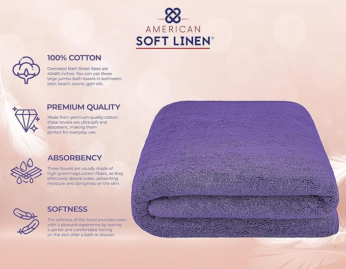American Soft Linen 100% Cotton 600 GSM Turkish 40x80 Oversized Bath Towel Sheet, Extra Large Adult Towels for Bathroom, Purple Bath Sheet