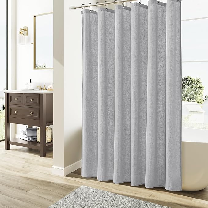 Naturoom Light Grey Linen Shower Curtain, Cloth Textured Fabric Shower Curtain Set with Hooks, Simple Elegant Modern Farmhouse Country Ultra Thick Bath Curtains for Bathroom,Water Repellent,72x96
