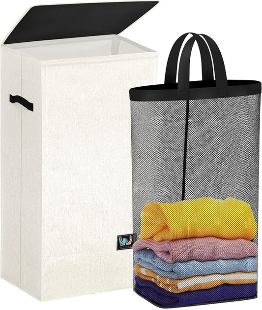 Laundry Hamper with Lid, Reinforced Sturdy Clothes Hamper with Anti-Puncture Base, Large Collapsible Laundry Basket with Removable Liner Bag, Tall Dirty Clothes Bin for Family, 100L Cream