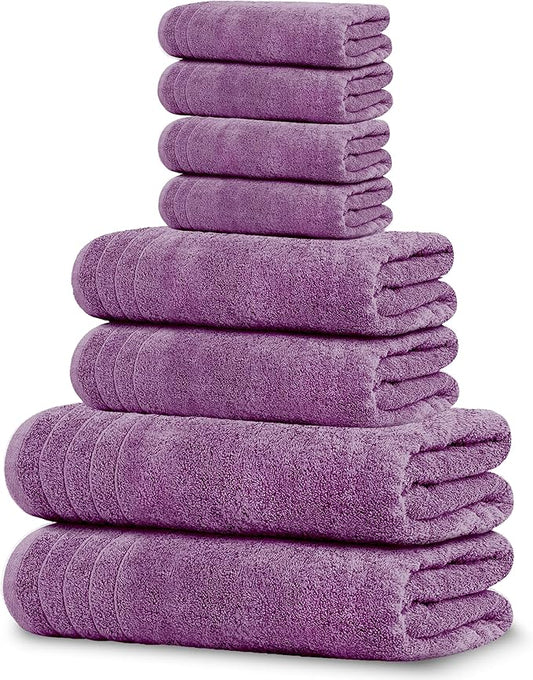 Tens Towels Pack of 8 Towels Set, 2 Extra Large Bath, 2 Hand, 4 Washcloths, 100% Cotton, Lighter Weight, Quicker to Dry, Super Absorbent, Perfect for Bathroom, Purple