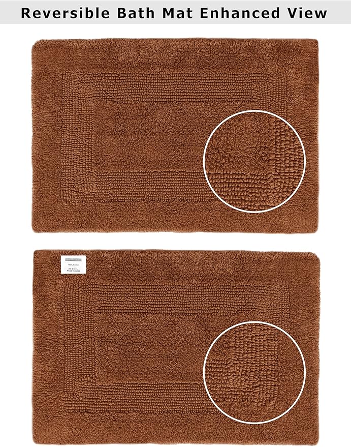 COTTON CRAFT Luxurious Bathmat Rug - Set of 2 Reversible Heavyweight Step Out Bath Mats for Bathroom Floor, Tub and Shower - Pure Cotton Soft Plush Absorbent Tufted Racetrack Mat - 17x24 - Mocha