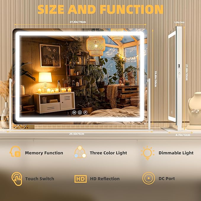 Large Vanity Mirror with Lights 29.5'' x 22'' - Touch Screen Hollywood Makeup Mirror, 3 Color Modes + Dimmable LED Lighting, Premium Aluminum Frame for Dressing Table & Bathroom