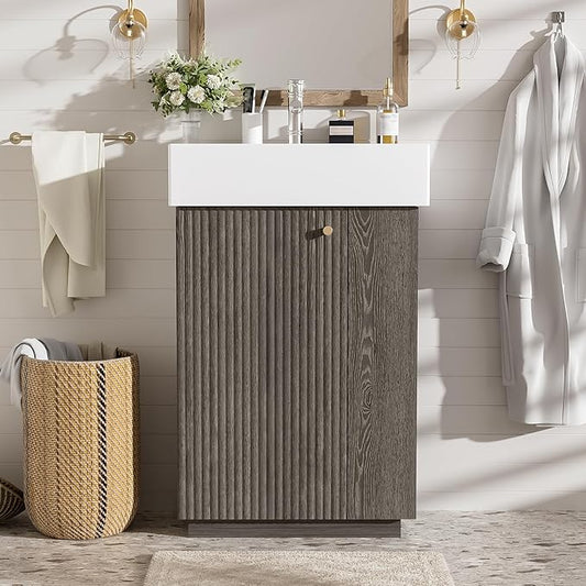 Virubi 21.6" Small Fluted Bathroom Vanity with Sink,Soft Closing Doors and Storage Shelves,Natural Wood Single Bathroom Sink Cabinet Combo Freestanding,Dark Grey