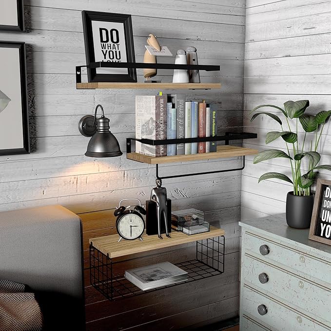 Generic Wooden Floating Shelves for Bathroom Organizer Over Toilet Wall Shelf Bathroom Organizer with Metal Frame Bathroom Shelf with Basket Storage Rack (White)