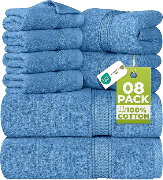 Utopia Towels 8 Piece Luxury Towel Set – Majestic Plush, Super Absorbent & Quicker-to-Dry, Thick 100% Ring Spun Cotton Towels for Bathroom, Spa & Hotel – 2 Bath, 2 Hand, 4 Washcloths, Electric Blue