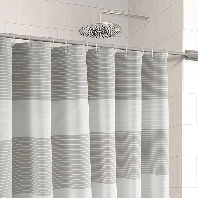 LANE LINEN Luxury Shower Curtain for Bathroom - 72 x 72 inches - Dobby Striped Elegant Texture - Water Resistant, Quick Dry & Easy Care - Reinforced Header with Rust Proof Metal Grommets - Silver