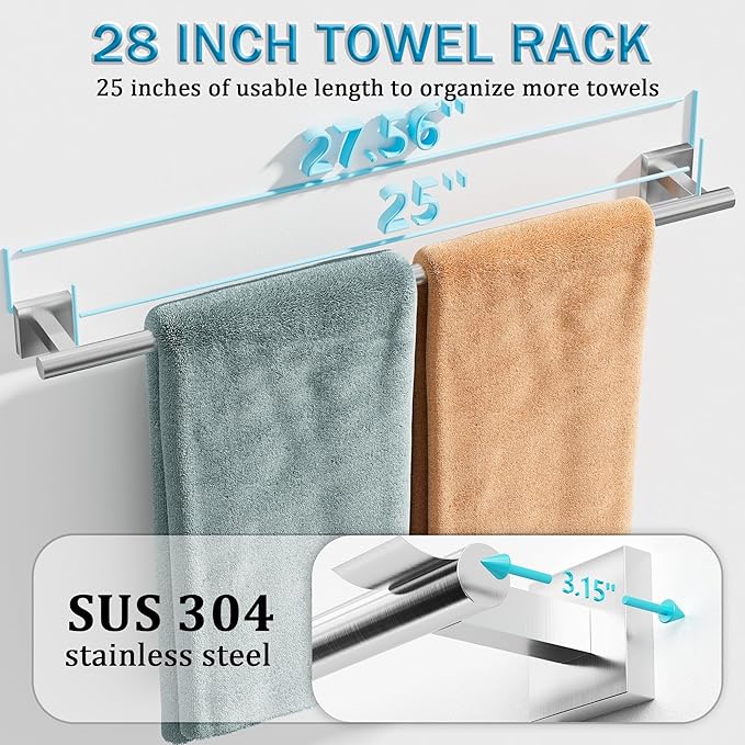 Alise 28 Inch Bathroom Towel Bar, SUS304 Stainless Steel Towel Racks for Bathroom, Towel Rack Wall Mounted Heavy Duty Hand Towel Holder Single Towel Bar, Brushed Nickel