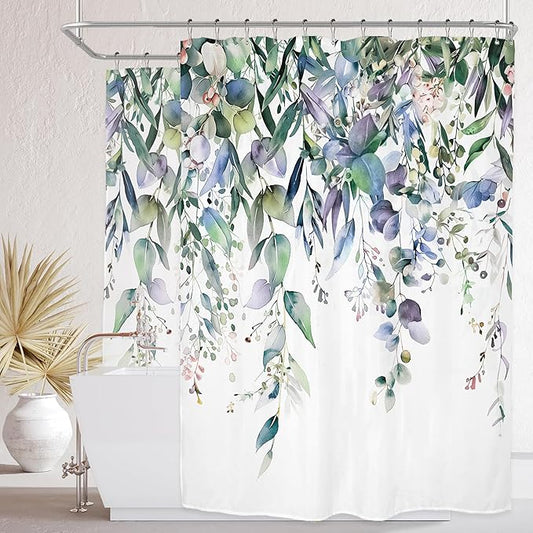 Riyidecor Clawfoot Tub Extra Wide Wrap All Around Circular Round Shower Curtain for Bathroom Decor 180Wx70H Eucalyptus Plants Art Printed Fabric Polyester Waterproof 32 Pack Plastic