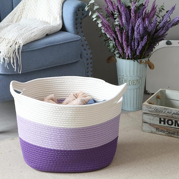 Sea Team Oval Large Cotton Rope Woven Storage Basket with Handles, Diaper Caddy, Baby Shower Basket, Nursery Nappies, Clothes Toys Organizer for Kid's Room, 16 x 13 inches, White & Lavender