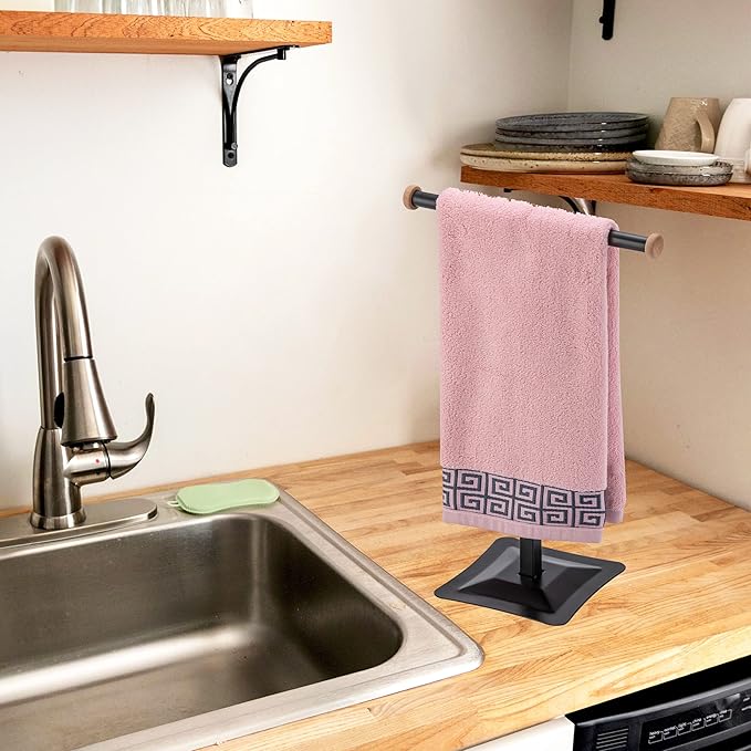 ZCDCP Hand Towel Holder Stand, T-Shape Stainless Steel Towel Rack for Bathroom Countertop with SUS304 Stainless, Black Freestanding Hand Towel Holder