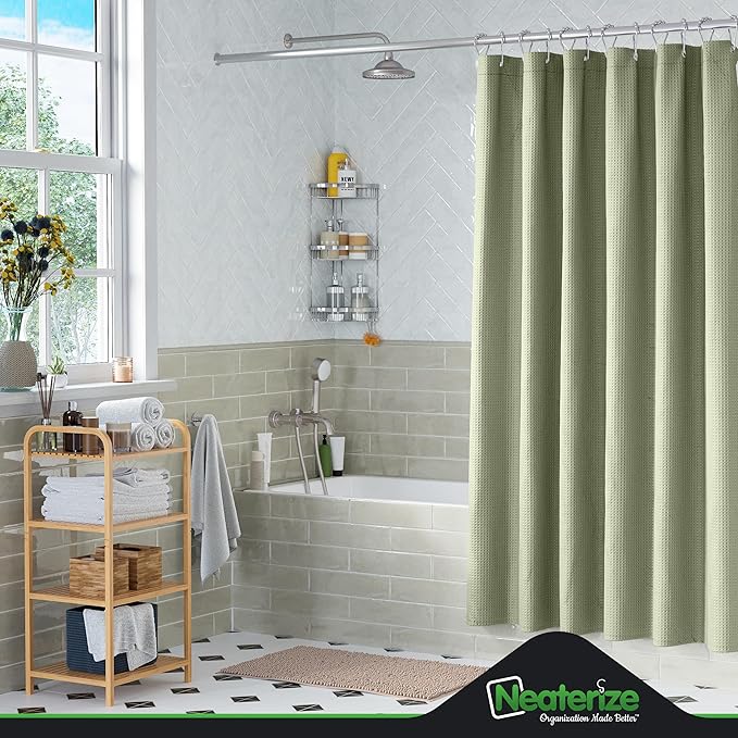 NEATERIZE Sage Green Shower Curtain for Bathroom - Waffle Shower Curtain Hotel Style - 72x72 Inch Bathroom Curtain - Cortinas De Baño