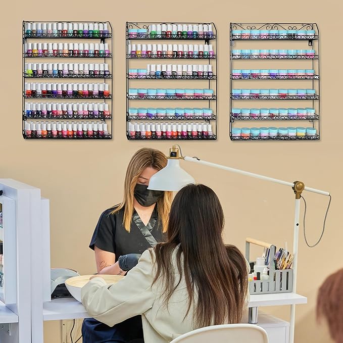 AMT 6 Tier Up to 192 BOTTLES Metal Nail Polish Racks for the Wall, Quality Nail Polish Display, Essential Oils Organizer. Holds up to 192 Bottles (Black)