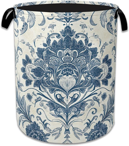 Vintage Blue Floral Laundry Basket Collapsible Laundry Hamper Clothes Toy Storage Bin for Bathroom Bedroom Room Decor 16" X 20.8"