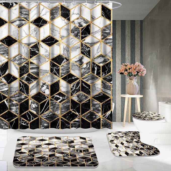 Poedist 4 Pcs Bathroom Shower Curtain Set, Honeycomb Marble Bathroom Sets with Rugs(Bath Mat,U Shape and Toilet Lid Cover Mat) and 12 Durable Hooks