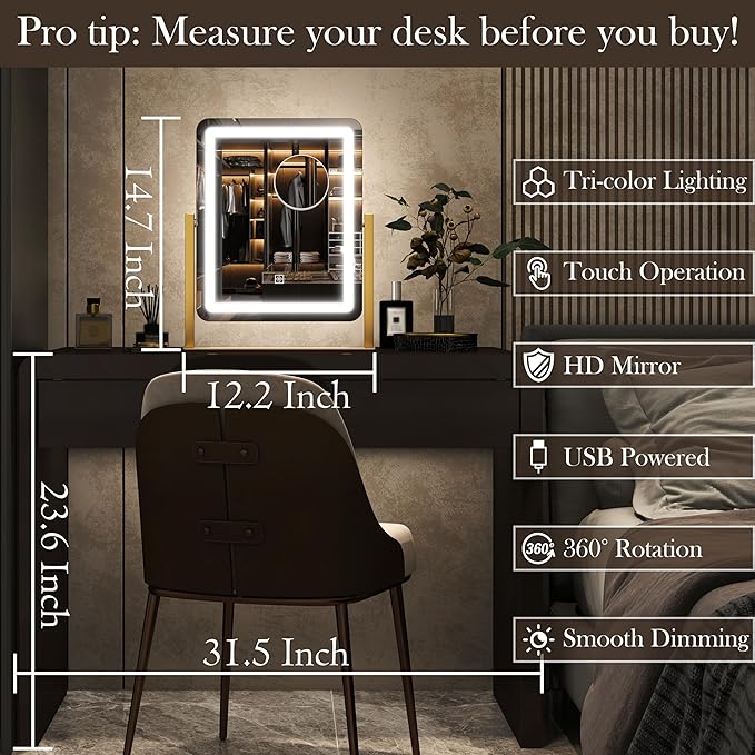 15" x13" Vanity Mirror with Lights, LED Makeup Mirror with Lights, 10X Magnification Mirror with 360°Rotation, 3 Color Modes ＆ Dimmables,Light up Makeup Mirror for Vanity Desk, Travel,Gold