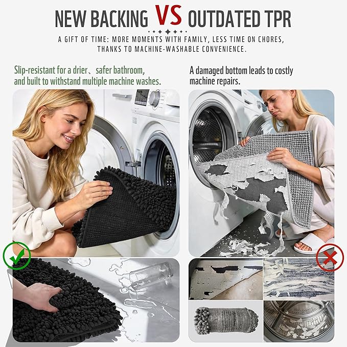 Yimobra Long Bathroom Rugs Non Slip Washable 44x24 Inch - Ultra Soft Absorbent Chenille Bath Mat, Quick Dry Shaggy Floor Carpet for Tub Shower, Black Home Decor Accessories