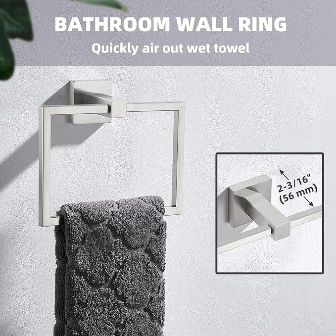 APLusee Brushed Nickel Towel Ring, 304 Stainless Steel Square Bathroom Towel Holder, Wall Mounted