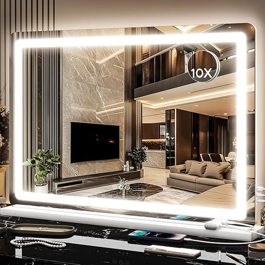 22" x32" Vanity Mirror with Lights, LED Makeup Mirror with Lights, Large Vanity Mirror with 360°Rotation, 3 Color Modes ＆ Dimmable, Light up Makeup Mirror for Vanity Desk, Travel, White