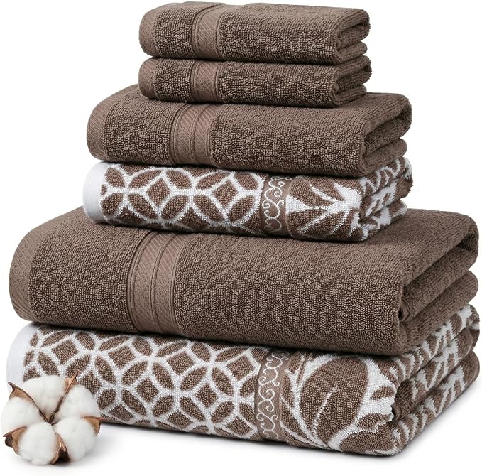 Modern Threads Botanical Vine 6-Piece 100% Cotton Towel Set – Reversible Yarn Dyed Jacquard – Includes 2 Bath Towels, 2 Hand Towels, 2 Washcloths – Absorbent, Quick Dry, Soft & Durable – Taupe Brown