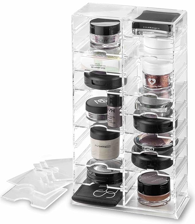 byAlegory Acrylic Universal Makeup Organizer Tower w/Removable Dividers Can Stand or Lay Flat on Vanity Desk or in Drawer | 20 Space Cosmetic Storage Container - Clear
