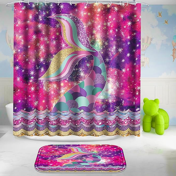 Poedist 4 Pcs Bathroom Shower Curtain Set,Kid's Bathroom Set,Mermaid's Tail Shower Curtain Sets with Rugs(Bath Mat,U Shape and Toilet Lid Cover Mat) and 12 Hooks