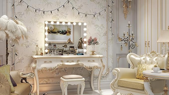 FENNIO Hollywood Vanity Mirror with Lights 32x24.5 Large Lighted Mirror Makeup Mirror with 18 Dimmable LED Bulbs and 10X Magnification 3Color Lighting USB Charging Port for Vanity Desk Tabletop