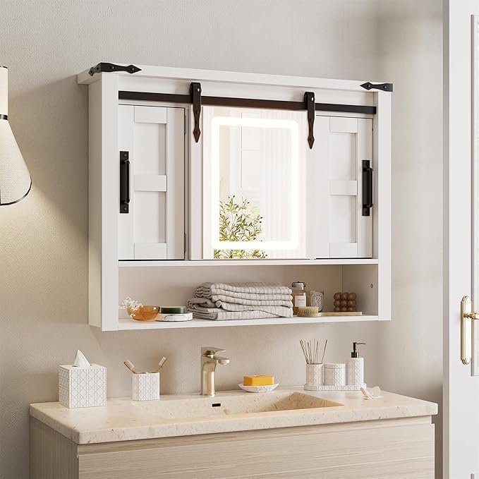 Bathroom Medicine Cabinet with Mirror, Wall Mounted Medicine Cabinet with Color Adjustment LED Lights, Mirrored Over The Toilet Storage Cabinet with Sliding Barn Door & 2 Adjustable Shelf,White