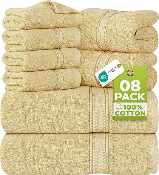 Utopia Towels 8-Piece Premium Towel Set, 2 Bath Towels, 2 Hand Towels, and 4 Wash Cloths, 600 GSM 100% Ring Spun Cotton Highly Absorbent Towels for Bathroom, Gym, Hotel, and Spa (Beige)