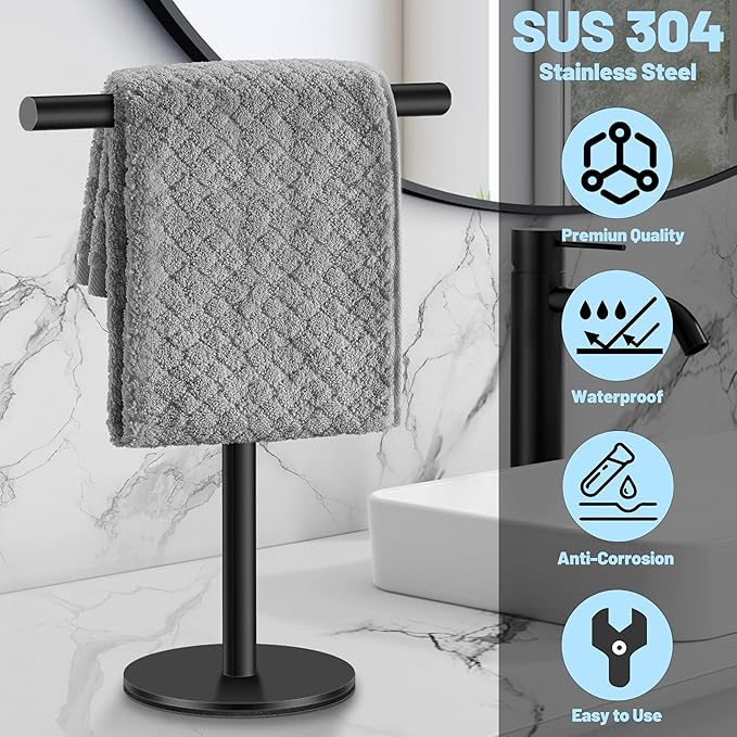 Elibbren Bath Hand Towel Holder Standing, Stainless Steel Matte Black Towel Bar Rack Stand for Bathroom and Kitchen Vanity Countertop, Modern Towel Holder，2 Pack