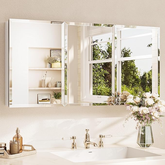 TETOTE 48 x 24 Medicine Cabinet with Tempered Beveled MirrorSilverMedicine Cabinet Mirror Aluminum Cabinet DTC Hinges, Stepless Adjustable Shelves, Recessed/Surface-Mounted