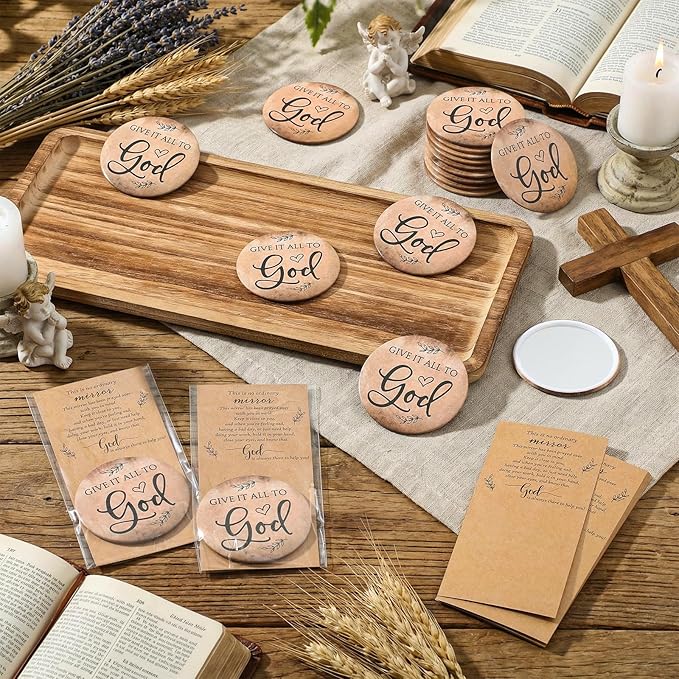 Landical 25 Sets Christian Gifts for Women Bulk Pocket Mirrors with Cards Bags for Mothers Day Stuffers Church Party Favors Religious Gift Bag Fillers, Give It All to God