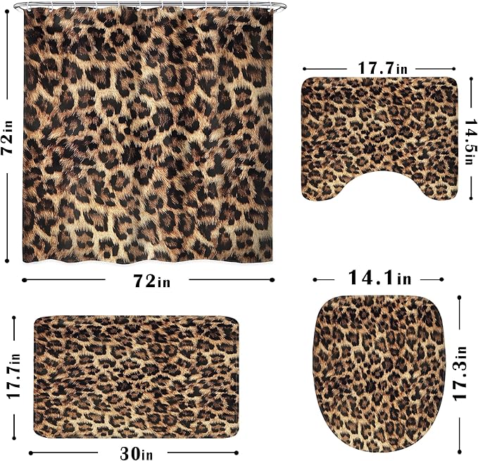 LIGHTINHOME 4 PCS Leopard Print Shower Curtain Set 72Wx72H,Toilet Lid Cover,Non-Slip Rugs and U-Shaped Mat,Wild Safari Cheetah Bathroom Sets with Rugs Shower Accessories 12 Hooks for Bathroom Decor
