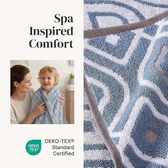 Modern Threads Classic Diamond 6-Piece 100% Cotton Towel Set – Yarn Dyed Jacquard – Includes 2 Bath Towels, 2 Hand Towels, 2 Washcloths – Absorbent, Quick Dry, Soft & Durable – Blue