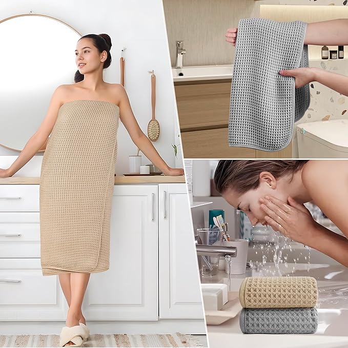 POLYTE 430 GSM Microfiber Quick Dry Lint Free Oversize Bath Towel Set, 6 Piece (Waffle Weave)