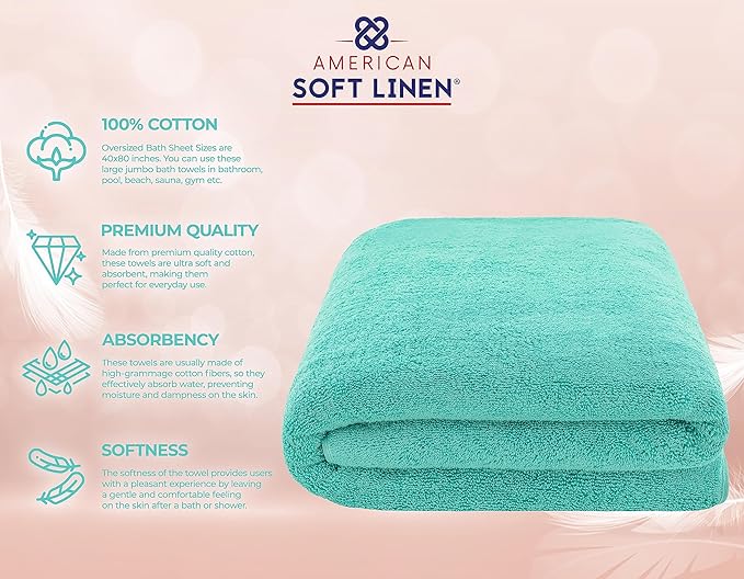 American Soft Linen 100% Cotton 600 GSM Turkish 40x80 Oversized Bath Towel Sheet, Extra Large Adult Towels for Bathroom, Turquoise Bath Sheet