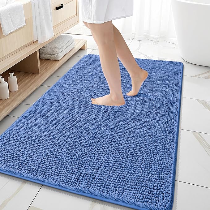 OLANLY Bathroom Rugs 59x35, Extra Soft Absorbent Chenille Bath Rugs, Rubber Backing Quick Dry, Machine Washable Bath Mats for Bathroom Floor, Tub and Shower, Home Decor Accessories, Cornflower Blue
