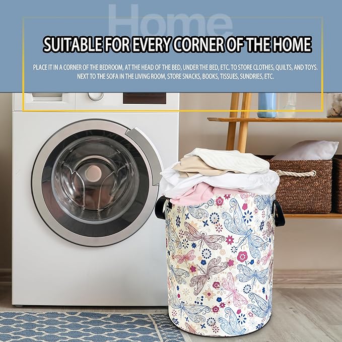 NUTAINLA Dragonfly Laundry Basket Flowers Foldable Oxford Cloth Funny Tote Bag Laundry Hamper Clothes Storage Bucket Toy Organizer For Bathroom/Laundry Storage/Bedroom 18.9x16.5 Inch
