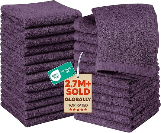 Utopia Towels 24 Pack Cotton Washcloths Set, 100% Ring Spun Cotton, Premium Quality Flannel Face Cloths, Highly Absorbent and Soft Feel Fingertip Towels, Plum