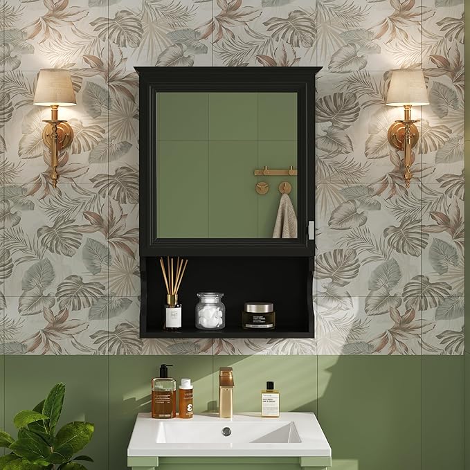 Merax Bathroom Wall Cabinet with Mirror, Wall Mounted Medicine Cabinet with Adjustable Shelves and Open Space, 20" x 28" Mirrored Door Over The Toilet Bathroom Storage Cabinet