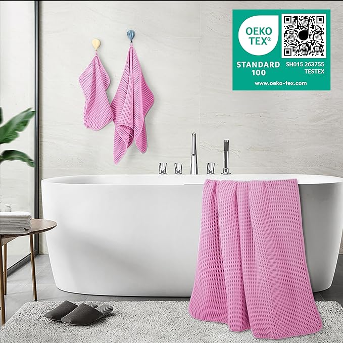 POLYTE 430 GSM Microfiber Quick Dry Lint Free Oversize Bath Towel Set, 6 Piece (Waffle Weave)