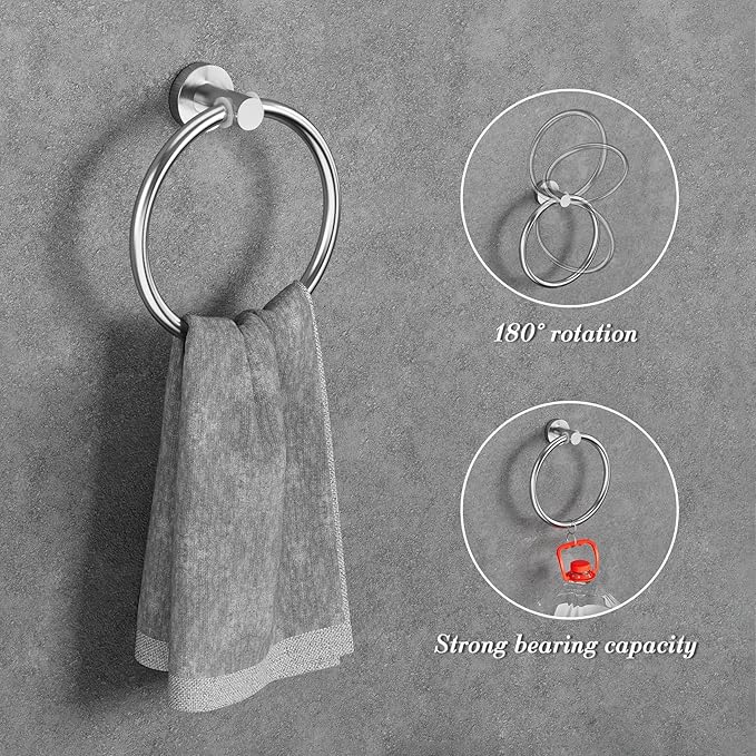 Round Brushed Nickel Bathroom Hardware: 8 Pieces Stainless Steel Bath Accessories Set - Including Wall Mounted Towel Rack&Toilet Paper Holder&Towel Ring&Robe Towel Hook
