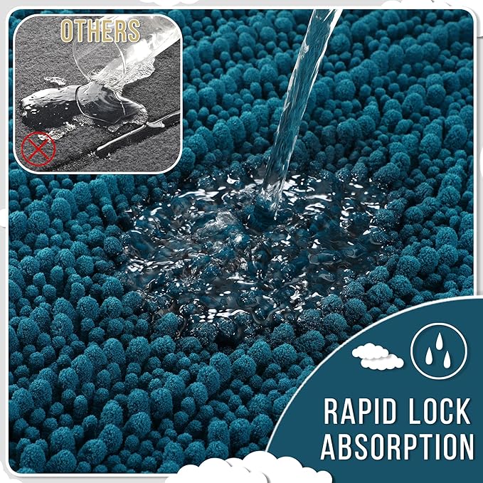 Yimobra Bathroom Rugs Non Slip Washable 32x20 Inch - Ultra Soft Absorbent Chenille Bath Mat, Quick Dry Shaggy Floor Carpet for Tub Shower, Peacock Blue Home Decor Accessories