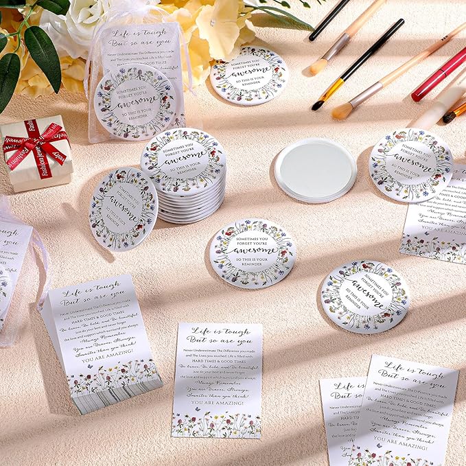50 Set Mother's Day Inspirational Compact Mirror Religious Bulk Gift for Women Christian Mini Makeup Pocket Mirror Administrative Professional Gift with Card for Volunteer Employee Teacher(Wildflower)