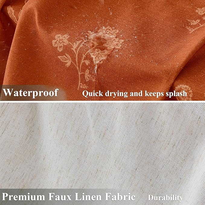 ORTIGIA Linen Shower Curtain Terracotta Farmhouse Vintage Floral Shower Curtains Burnt Orange Boho Rustic Curtains Block Print Cottagecore Decor for Bathroom 72 W x 72 L