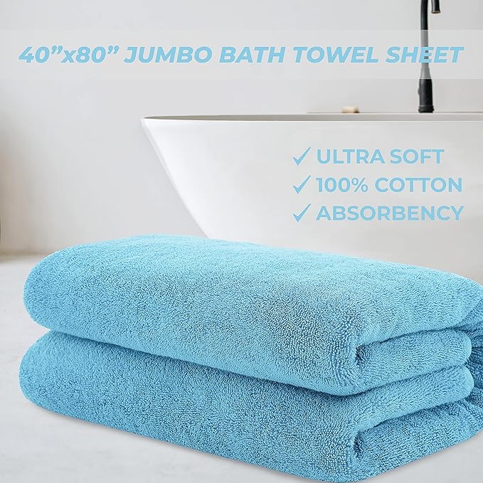 Cotton Paradise, 100% Cotton 40x80 Oversized Bath Sheet, Extra Large Turkish Bath Towels for Bathroom, Sky Blue Bathsheet