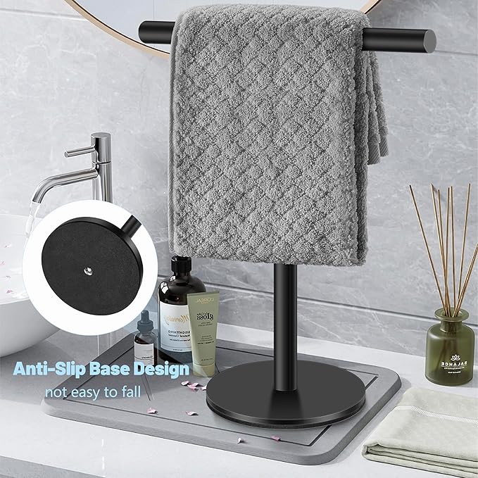 Elibbren Bath Hand Towel Holder Standing, Stainless Steel Matte Black Towel Bar Rack Stand for Bathroom and Kitchen Vanity Countertop, Modern Towel Holder，2 Pack