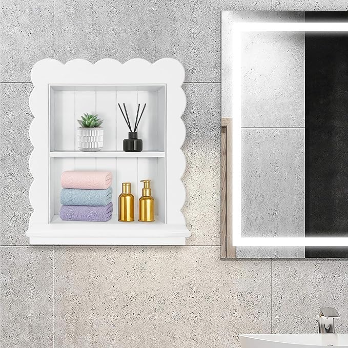 Royxen 14"x18" Recessed Medicine Cabinet, 2-Tier Wooden Bathroom Wall Cabinets Without Mirror,Scalloped Large Medicine Cabinet Niche for Bathroom Storage Organizer,White