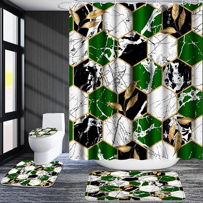 Poedist Shower Curtain Set with Rugs,Bathroom Accessory Set, Including Non-Slip Rugs,Toilet Lid Cover and Bath Mat, Waterproof Shower Curtain with 12 Hooks,Green and White Honeycomb Marble