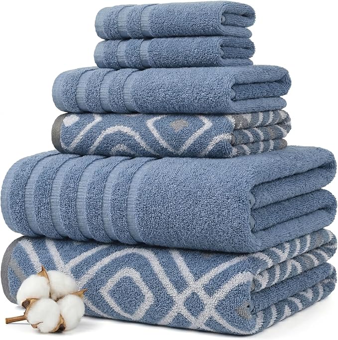 Modern Threads Classic Diamond 6-Piece 100% Cotton Towel Set – Yarn Dyed Jacquard – Includes 2 Bath Towels, 2 Hand Towels, 2 Washcloths – Absorbent, Quick Dry, Soft & Durable – Blue
